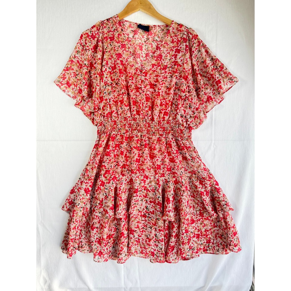 Just Taylor Red Pink Floral V-Neck Smocked Waist Ruffle Tiered Mini Dress 14